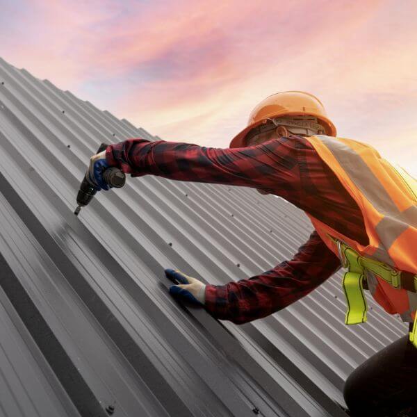 Roofing Guys Central Coast team member performing a metal roof replacement in Terrigal, securely fastening new Colorbond sheets for a strong, weatherproof finish.