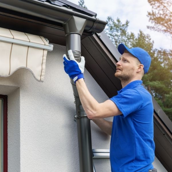 Gutter repair underway with Roofing Guys Central Coast expert replacing damaged sections for better drainage.