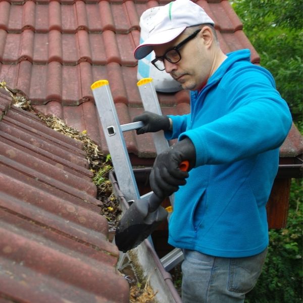Roofing Guys Central Coast gutter cleaning service removing leaves and debris from residential roof gutter.