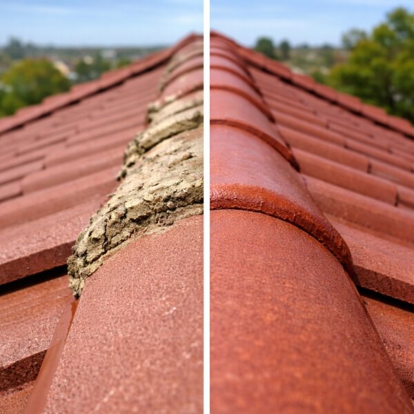 Before and after ridge cap repair and roof repointing on Central Coast by Roofing Guys Central Coast.