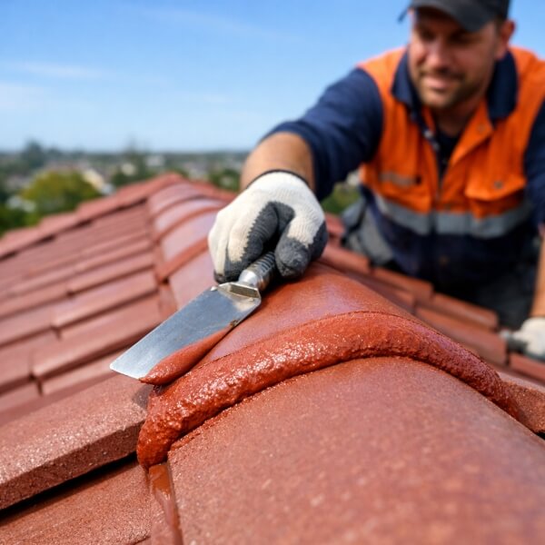 Roof repointing in Central Coast by Roofing Guys Central Coast, applying a flexible pointing compound to ridge capping to seal, secure and extend roof life.